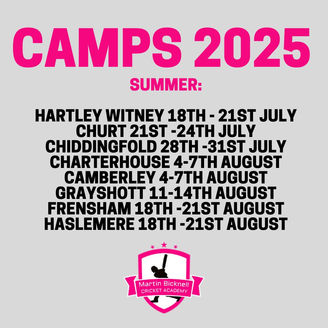 🏏SAVE THE DATES🏏

These are our current dates for camps in 2025.

Want us at your club for a camp? Drop us a message.

#MBCricketAcademy