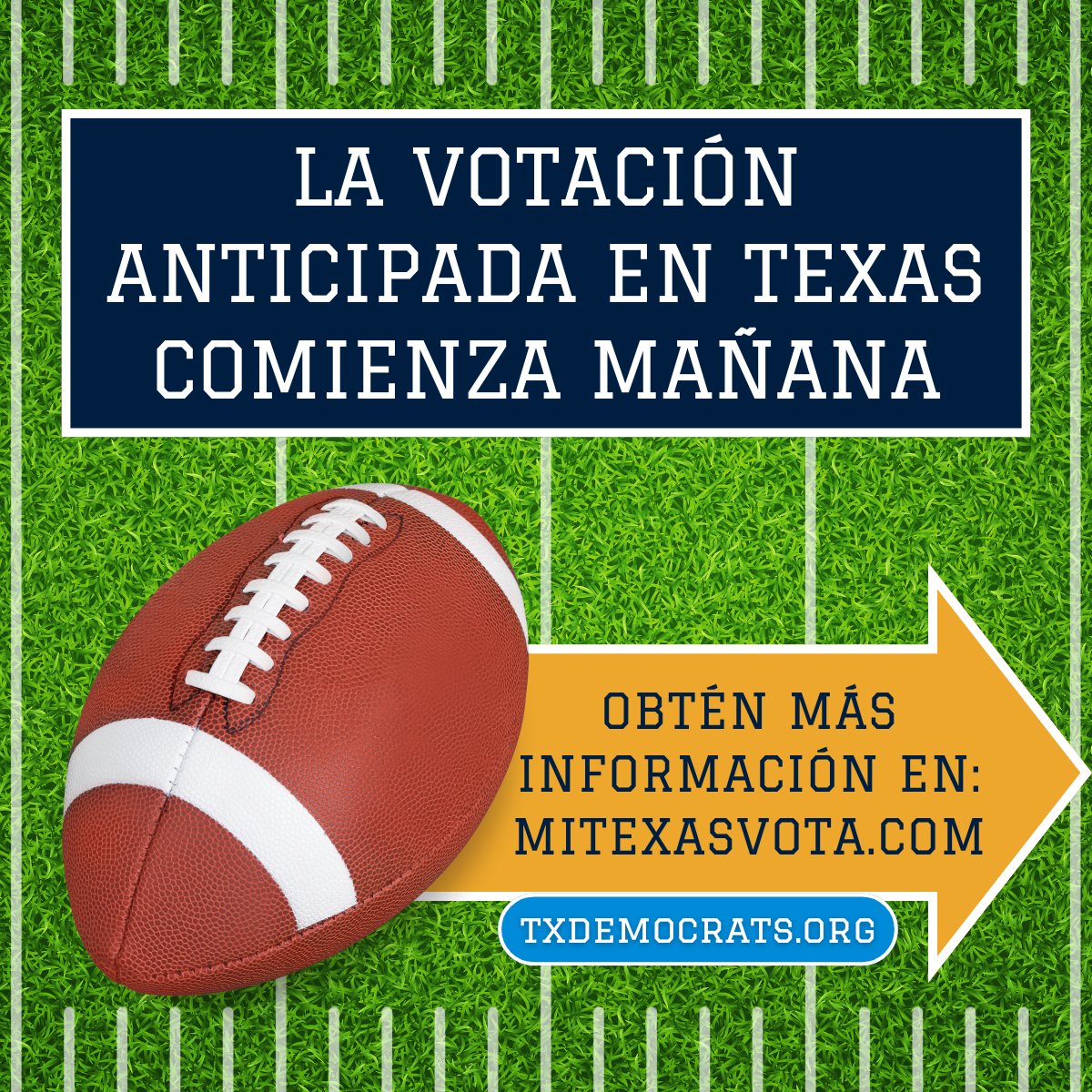 texasdemocrats's tweet photo. EARLY VOTING KICKS OFF TOMORROW! 🏈
Have you made your plan to vote early yet?
📍 Find where to vote: https://t.co/brKYNsQeeQ
📆 Oct. 21 - Nov. 1

Questions or problems?
☎️ Call 1-844-TX-VOTES 
_____
¡La votación temprana comienza mañana! 🏈
¿Ya hizo su plan para votar temprano? 
📍Encuentre una casilla electoral: https://t.co/lP8dJofZZM
📆 21 oct. - 1 nov. de 2024

¿Tiene preguntas o problemas? 
☎️: 1-844-TX-VOTES