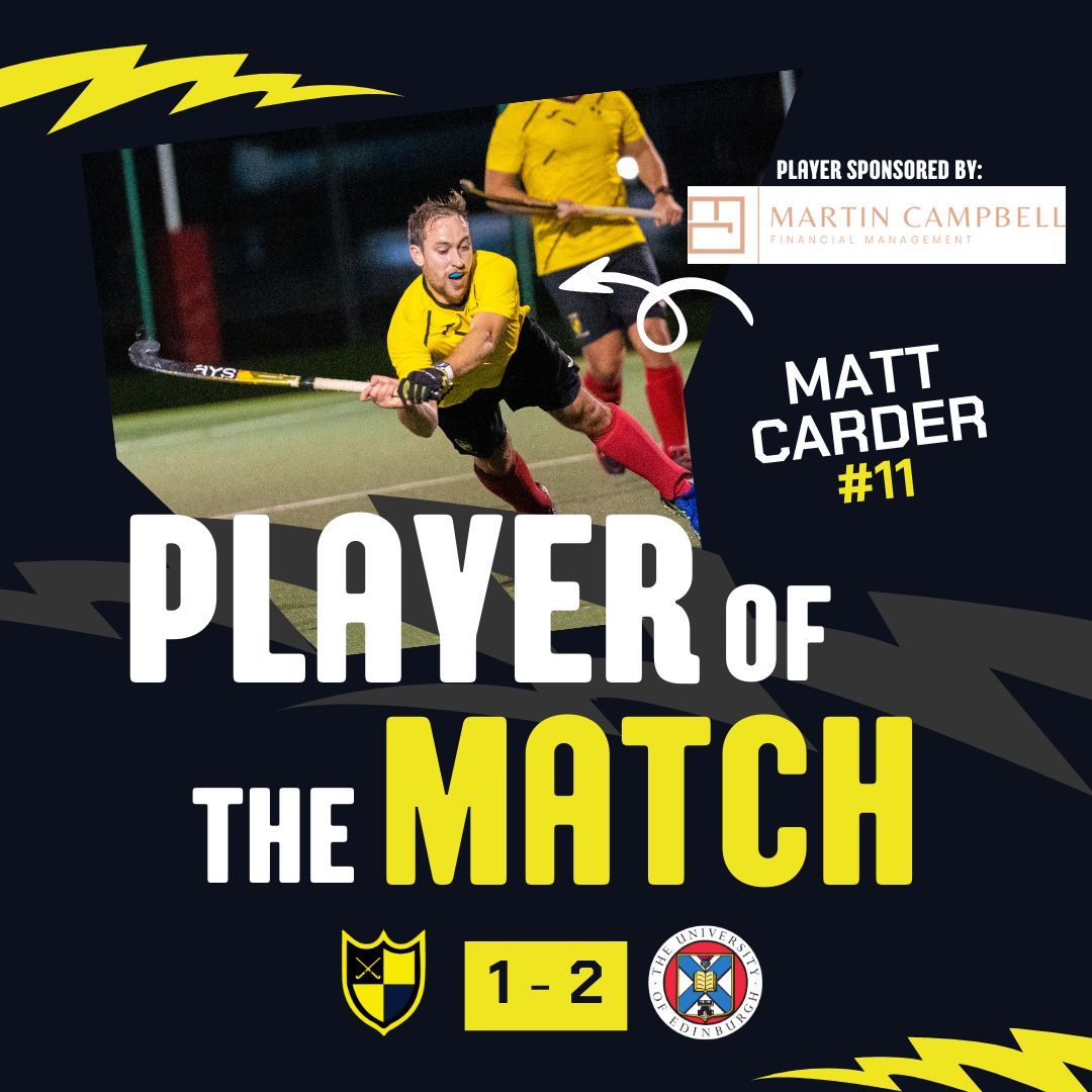 🟡⚫ POTM vs Edinburgh Uni ⚫🟡 

Well done to Matt Carder for "scrapping balls all over, intercepting, and hassling" his way to the match honors. A strong performance, reflective of the team. Congrats Matt
