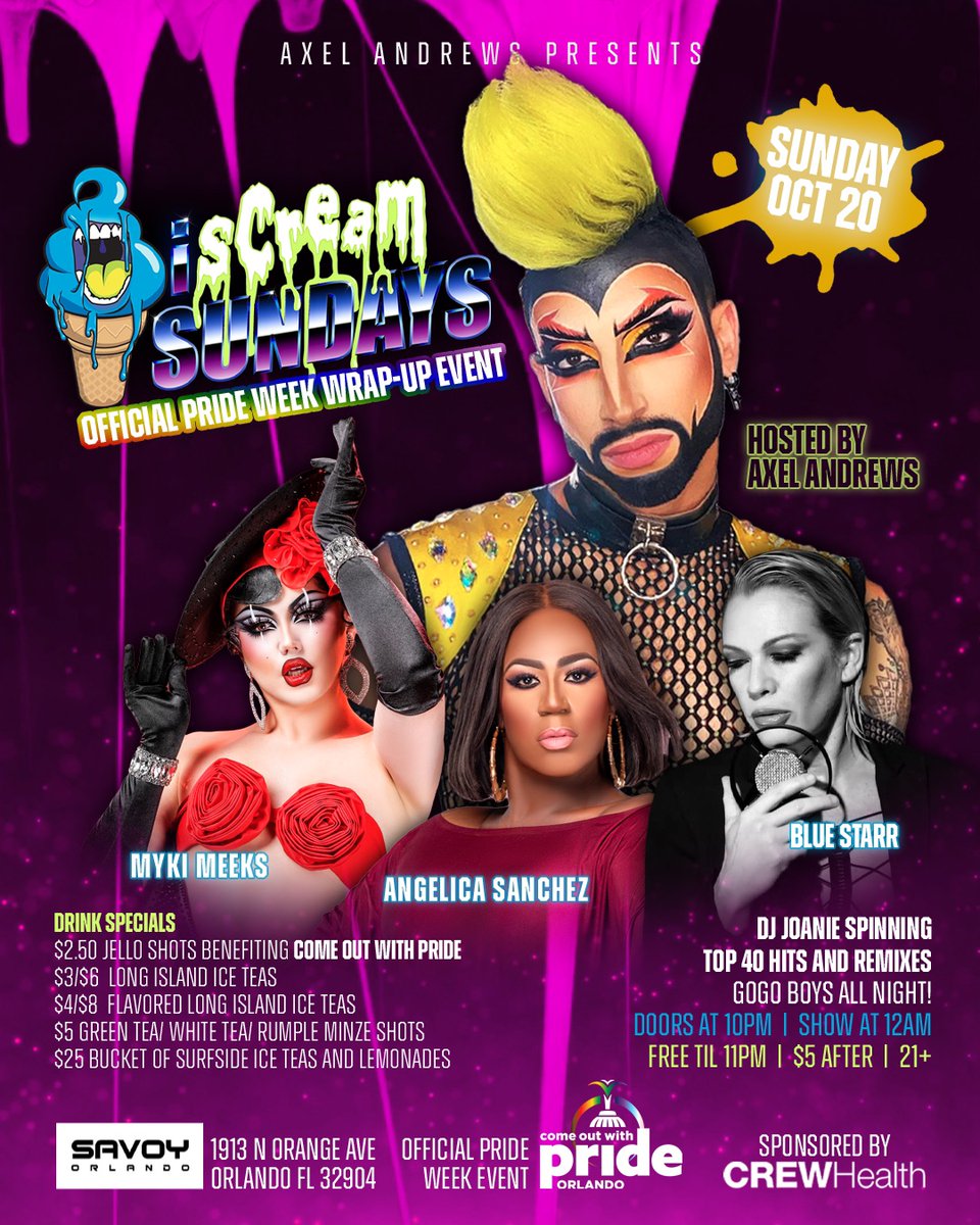 OrlandoPride's tweet photo. 🚨 OFFICIAL PRIDE WEEK EVENT!🍦

Axel Andrews Presents:
iSCREAM SUNDAYS an OFFICIAL PRIDE WRAP UP EVENT

21+
Free cover cover until 11pm / $5 after

Hosted by Axel Andrews
Featuring Angelica Sanchez, Blue Star and Myki Meeks
DJ JOANIE 

More info -->> https://t.co/AerF75PCmy https://t.co/SR9Ur27r09
