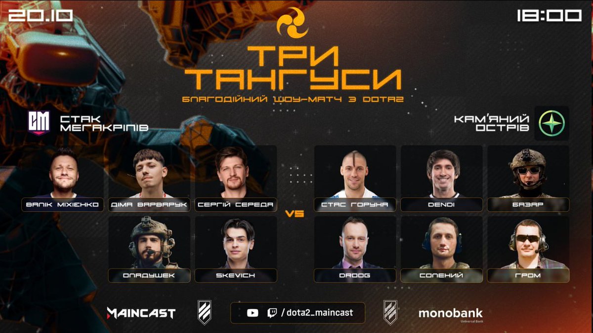 streamINFA's tweet image. 📢 #Maincast проводить благодійний шоу-матч «Три тангуси»

👉🏻 Серед гостей військові, гравці професійного рівня та інфлюєнсери

👥 Валік Міхієнко, Dima_Varvaruk, Сергій Середа, Оладушек, Skevich_, Dendi, Droogtv, Стас Горуна, Гром, Базар та Солений.