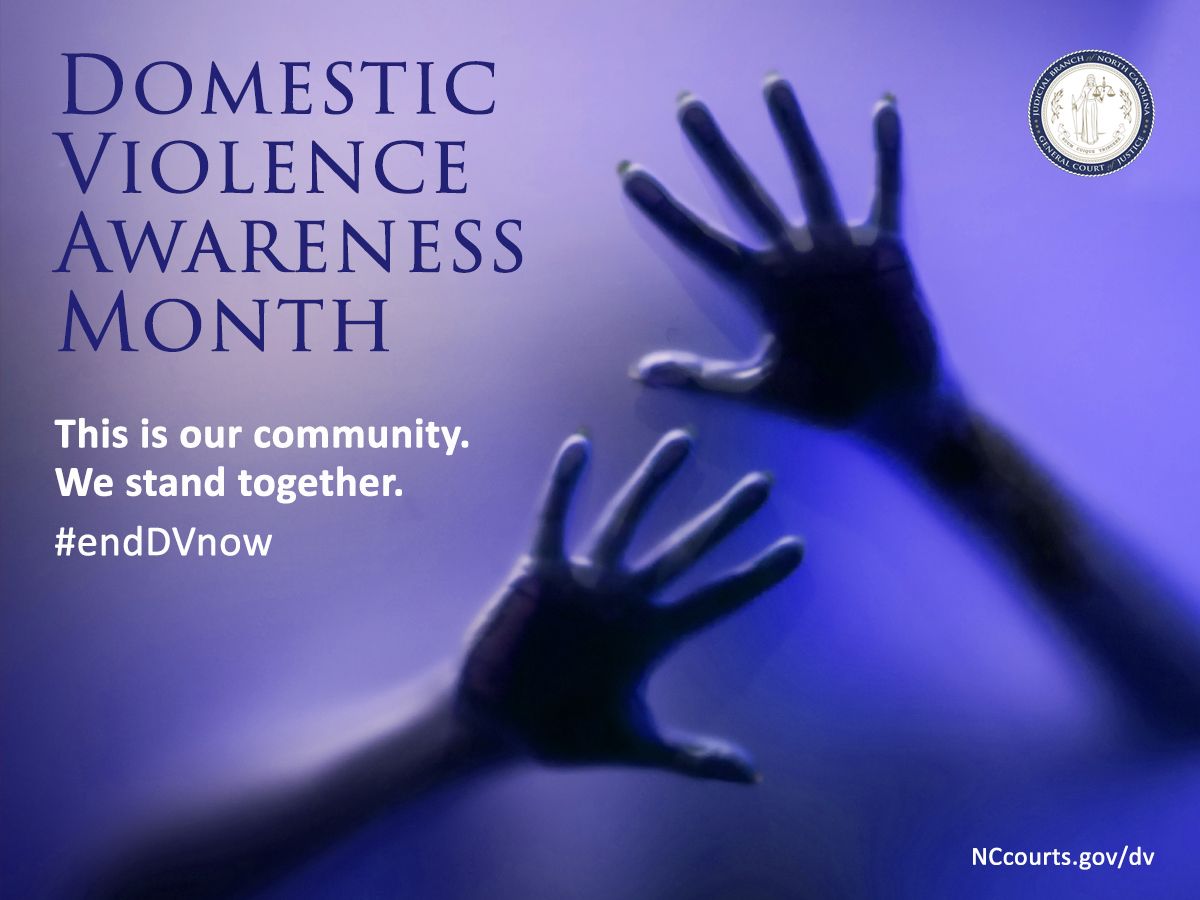 NCCourts's tweet photo. October is Domestic Violence Awareness Month. Learn how to get help, obtain a protective order, relevant North Carolina law and more on the Domestic Violence Help Topic on our website: https://t.co/suCzQlt4LS #endDVnow https://t.co/vtr3Ny0btE