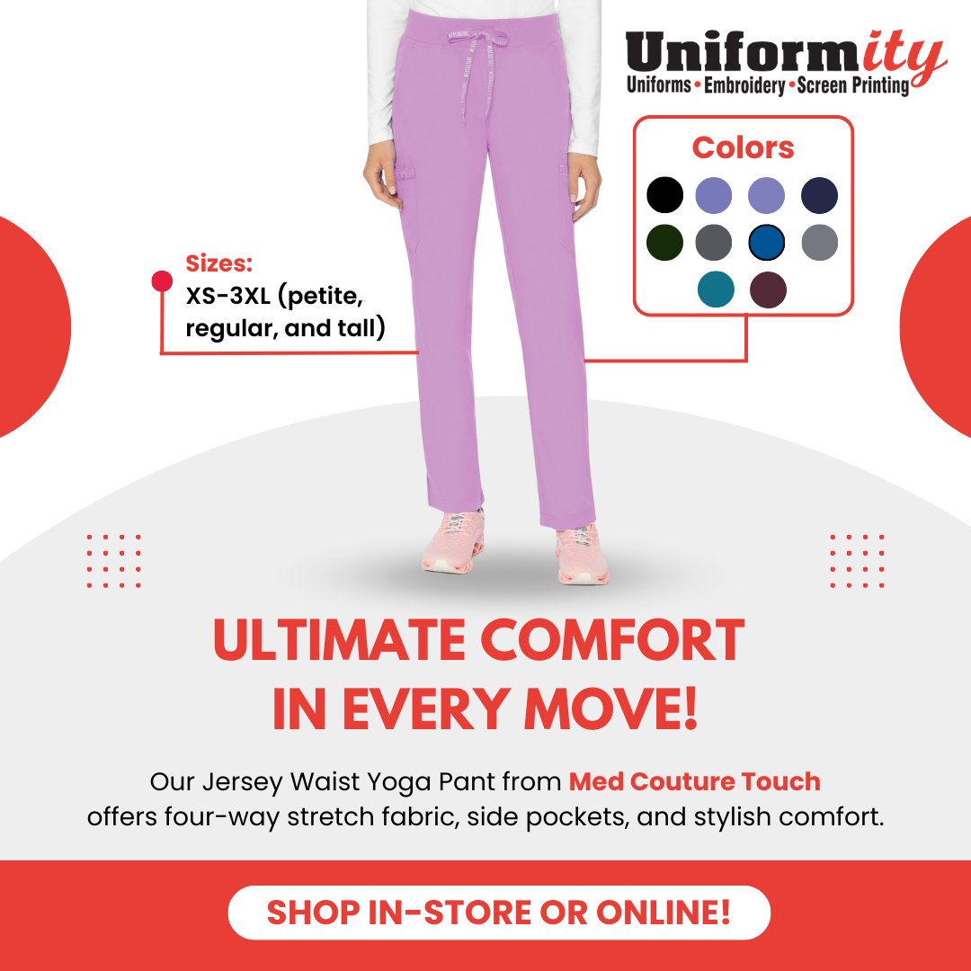 UniformityUSA's tweet photo. Move freely and confidently in our Jersey Waist Yoga Pant! Part of the Med Couture Touch Collection, these pants are designed for comfort &amp; style. Four-way stretch fabric, side pockets, &amp; available in petite, tall, and regular sizing. 

🌐 Shop The Pants - https://t.co/Bzmo7WDH0L https://t.co/a8YTpKCAw8