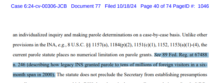 ReichlinMelnick's tweet photo. This is fascinating. In the DOJ brief defending Keeping Families Together, they cite a use of immigration parole I was totally unfamiliar with. Apparently in 2000, parole temporarily replaced a pilot version of the Visa Waiver Program and was used tens of millions of times. https://t.co/UdvfxB2OOK
