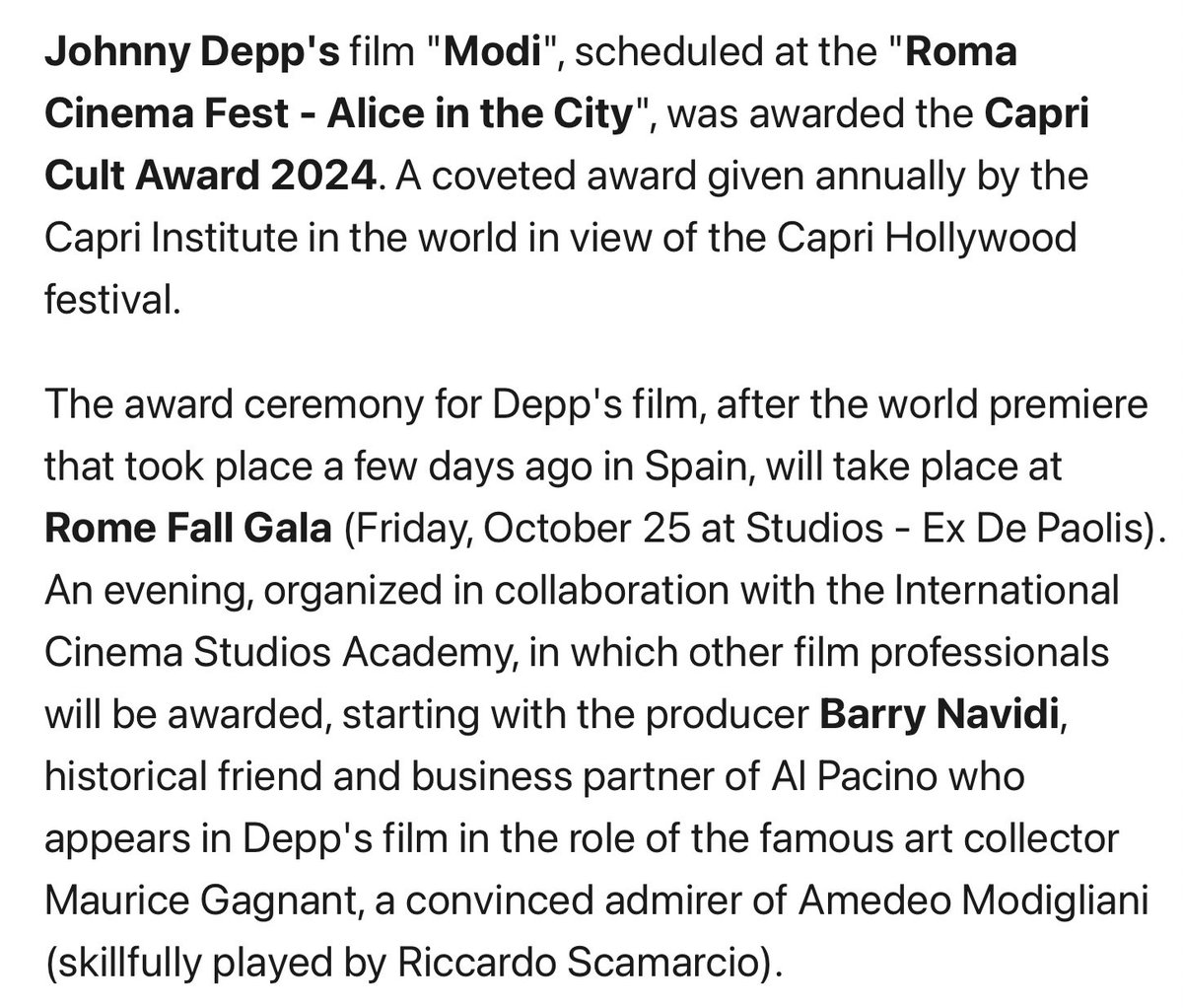 ReemDepp's tweet photo. The award ceremony for Depp's film, after the world premiere that took place a few days ago in Spain, will take place at Rome Fall Gala (Friday, October 25 at Studios - Ex De Paolis). https://t.co/LUdhWf7mie