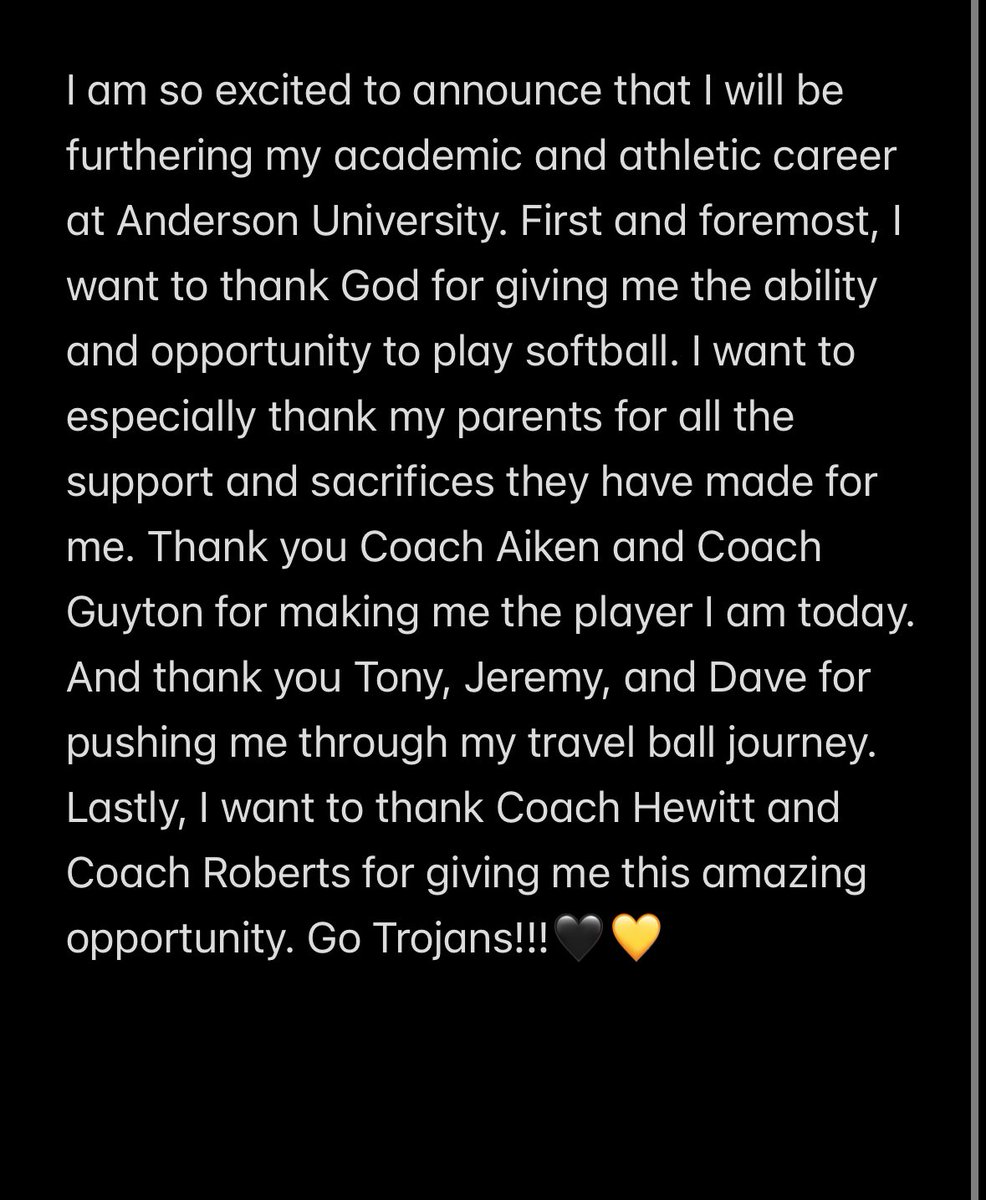 Go Trojans!!🖤💛 <a href="/AUtrojanssb/">Anderson Softball</a> <a href="/TommyHewitt20/">Tommy Hewitt</a> <a href="/ScGenovese/">Carolina Elite SC National-Genovese</a> <a href="/Byrnes_Softball/">Byrnes Softball</a>