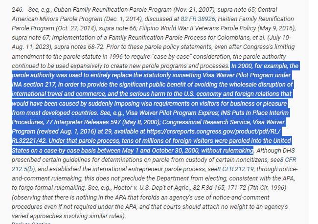 ReichlinMelnick's tweet photo. This is fascinating. In the DOJ brief defending Keeping Families Together, they cite a use of immigration parole I was totally unfamiliar with. Apparently in 2000, parole temporarily replaced a pilot version of the Visa Waiver Program and was used tens of millions of times. https://t.co/UdvfxB2OOK