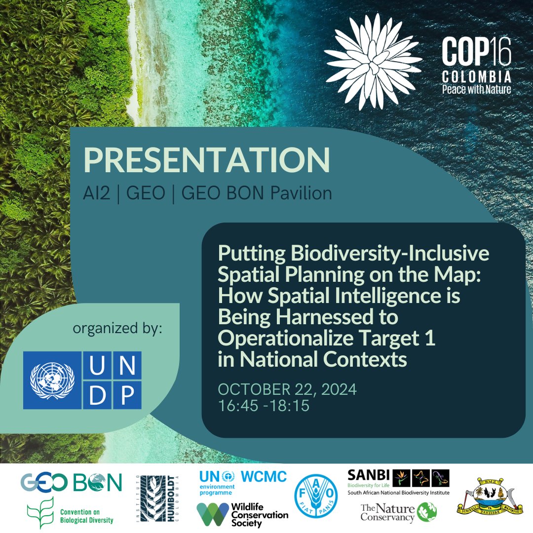 GEO BON (@geobon_org) on Twitter photo At <a href="/UNBiodiversity/">UN Biodiversity</a> #COP16Colombia:
🌎Discover how countries are using spatial planning tools to support Target 1 at COP16. Speakers from Colombia, Tanzania, South Africa, & Mozambique will share national examples, tools, & new guidances
Add to calendar 👉calndr.link/event/N0komKMJ… At <a href="/UNBiodiversity/">UN Biodiversity</a> #COP16Colombia:
🌎Discover how countries are using spatial planning tools to support Target 1 at COP16. Speakers from Colombia, Tanzania, South Africa, & Mozambique will share national examples, tools, & new guidances
Add to calendar 👉calndr.link/event/N0komKMJ…