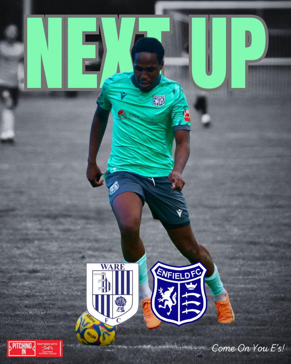 EnfieldFC's tweet photo. 𝙉𝙀𝙓𝙏 𝙐𝙋 𝙁𝙊𝙍 𝙏𝙃𝙀 𝙀’𝙎 

On Tuesday night we travel to Wodson Park to face Ware in the league!

🆚 Ware FC
⏰ 19:45 Kick Off
🎟️ A: £10: C: £5, U14: Free with Adult
📍Wodson Park, SG12 0UQ

Come along and get behind Alex and the team, Come On You E’s!

#OnlyOneEnfield https://t.co/8GA1kbiJx3