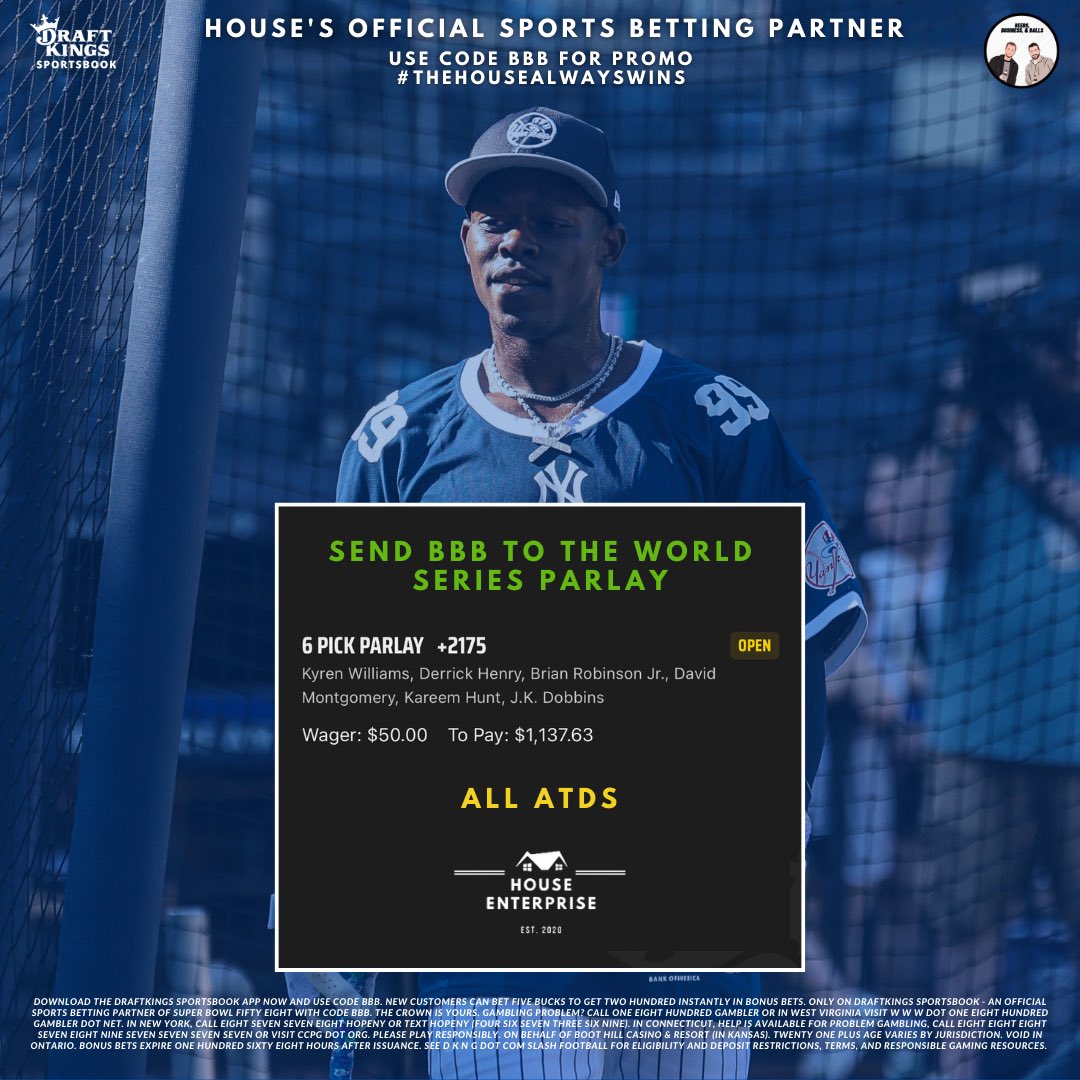 A parlay that’ll send the boys to the World Series 👀

Does this anytime TD scorer play have enough juice to cash a boys a ticket to watch the Yankees? Gamble responsibly 🫡

#TheHouseAlwaysWins #DKPartner #Parlay #NFL
