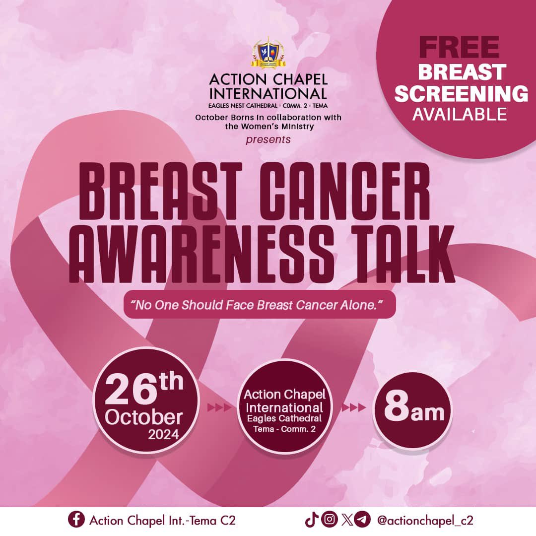 actionchapel_c2's tweet photo. 🎀 October is Breast Cancer Awareness Month! 🎀

Join us this Saturday at 8:00 AM for a Breast Cancer Screening &amp; Awareness Talk. 

#BreastCancerAwareness #PinkOctober #EarlyDetectionSavesLives #CareBeatsScare. https://t.co/F0aYYaoJoE