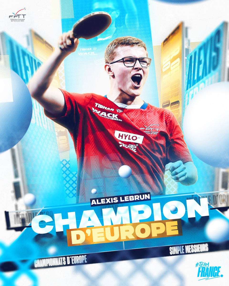 𝐀𝐥𝐞𝐱𝐢𝐬 𝐋𝐞𝐛𝐫𝐮𝐧 𝐬𝐮𝐫 𝐥𝐞 𝐭𝐨𝐢𝐭 𝐝𝐞 𝐥'𝐄𝐮𝐫𝐨𝐩𝐞 ! 🏆

Après Jacques Secrétin en 1976 et Emmanuel Lebesson en 2016, Alexis Lebrun devient le troisième français à remporter les championnats d'Europe en simple ! 😍

Bravo à toi champion ! 💙

#TeamFrance 🇫🇷