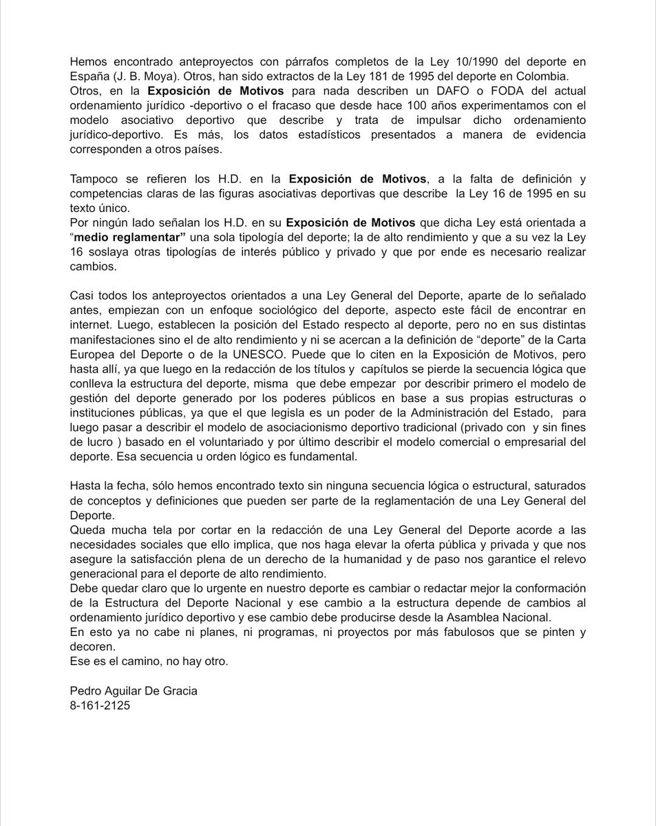 Acerca de una "Ley del Deporte".
Participación Ciudadana:
<a href="/asambleapa/">Asamblea Nacional</a>
<a href="/Pandeportes/">Pandeportes</a> <a href="/EstrellaOnline/">La Estrella de Panamá</a> <a href="/prensacom/">La Prensa Panamá</a> <a href="/presidenciapma/">Presidencia de la República de Panamá</a> <a href="/COlimpicoPanama/">Comité Olímpico de Panamá 🇵🇦</a> <a href="/eflorescastro/">Eduardo Flores C.</a>