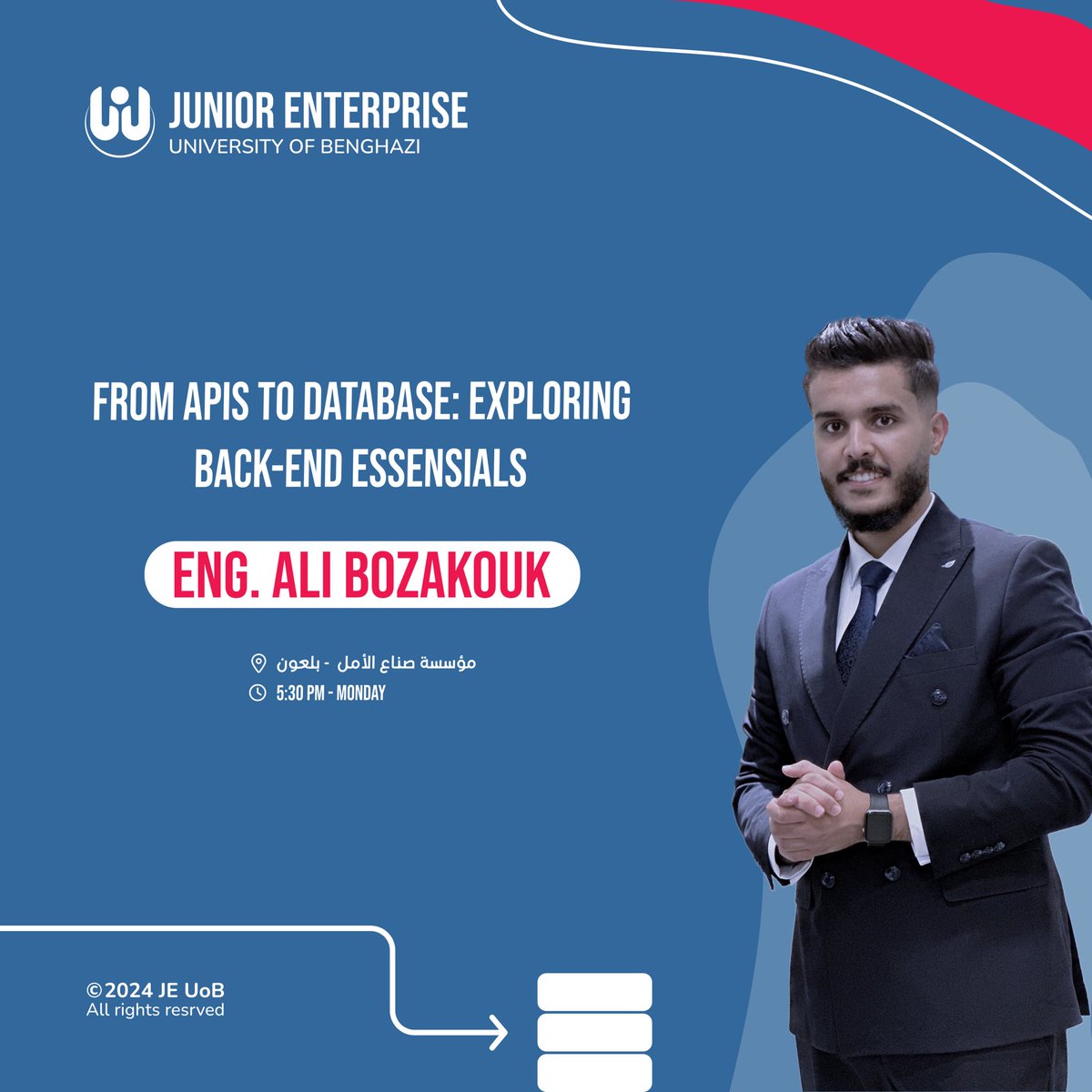 je_uob's tweet photo. English below🔽
✨ انضموا إلينا في ثالث جلسات مشروع Junior Future Forum!✨

حيث ستكون الجلسة بعنوان From APIs to Databases: Exploring Back-End Essentials بقيادة المهندس علي بوزعكوك https://t.co/f339m35Gmj