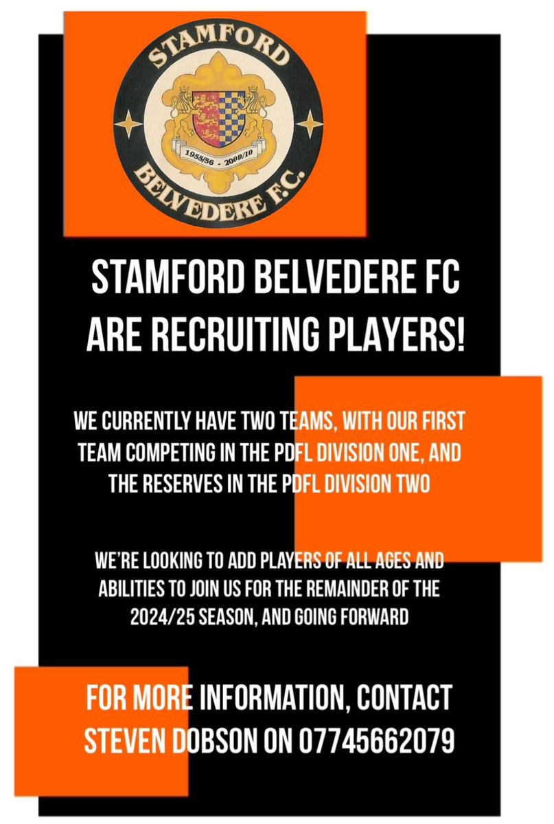 _SBFC's tweet photo. Our Reserves are looking for players to boost their side this season. If you are interested in joining please contact Steven Dobson on +44 7745 662079.

SBFC ⚽️🔔🧡 https://t.co/cUrq8uCUcs