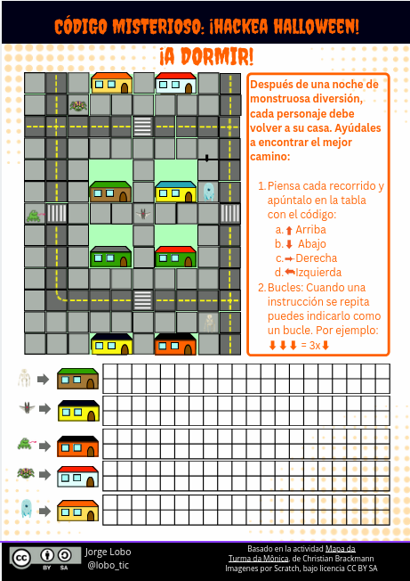 Empezamos la semana con otra actividad de 🎃Hackea Halloween:

4: ¡A dormir!

Ayudar a los personajes a volver a su casa tras una noche de diversión monstruosa

Usa las flechas para indicar el camino ⬆️➡️⬇️➡️
Y después mejora tu código con bucles 3⃣✖️⬆️

github.com/lobotic/GuiasE…