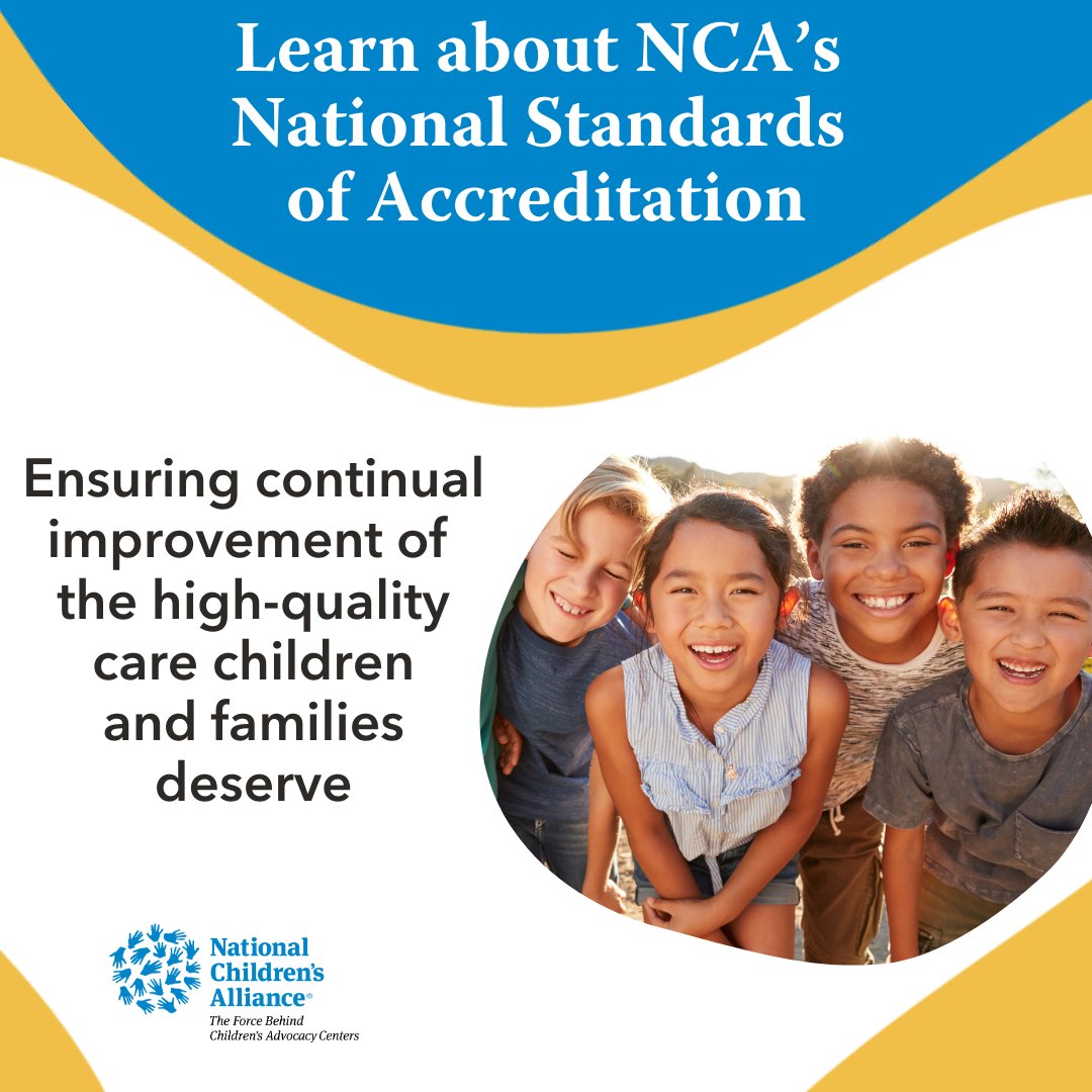 NCAforCACs's tweet image. As the accrediting body for Children’s Advocacy Centers (CACs), NCA ensures that all children across the U.S. served by CACs receive consistent, evidence-based services that help them heal from abuse.

Learn more about our standards: loom.ly/lDNhtmQ