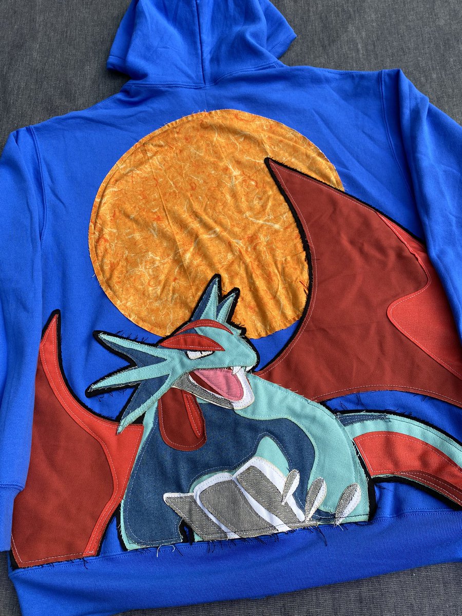 Denimfish2's tweet photo. Patchwork Salamence zip up Hoodie https://t.co/zKb36Fi9gX