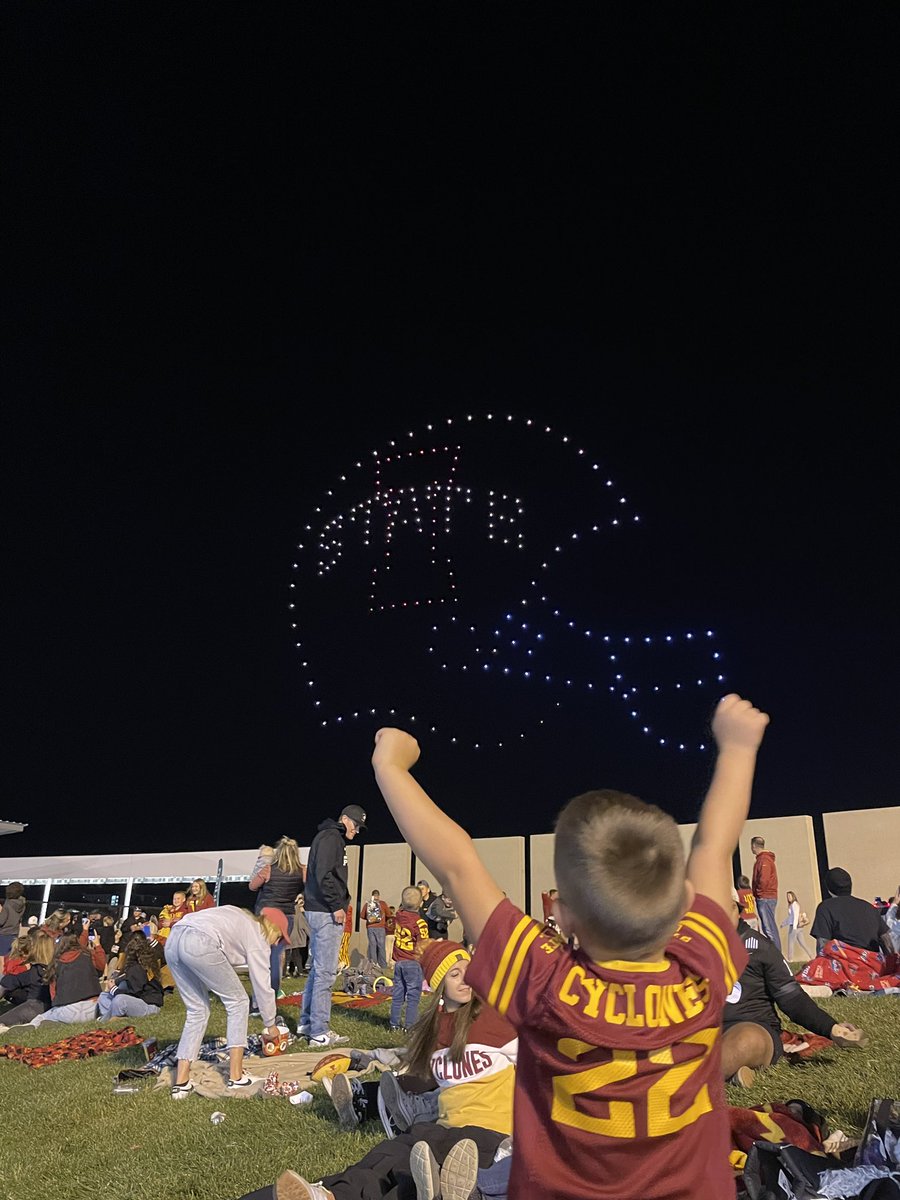 kkerianteacher's tweet photo. A little boy in a Cyclone jersey, ISU football, night game with drone show, and a win. Nothing better! @IowaStateU @CycloneFB @CycloneATH @istatenation #perfectpicture https://t.co/pS9OdDePPa