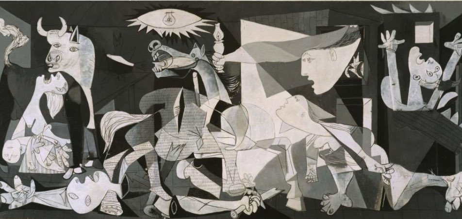 Edward_Norden_'s tweet image. Pablo Picasso (1881-1973) med ”Guernica”. En målning från 1937 som ett minnesmärke över den baskiska staden Guernica som förstördes under spanska inbördeskriget av nazityskt bombflyg i de spanska fascisternas tjänst. En ikon inom modern konst och antikrigskampanjer. #konst #art