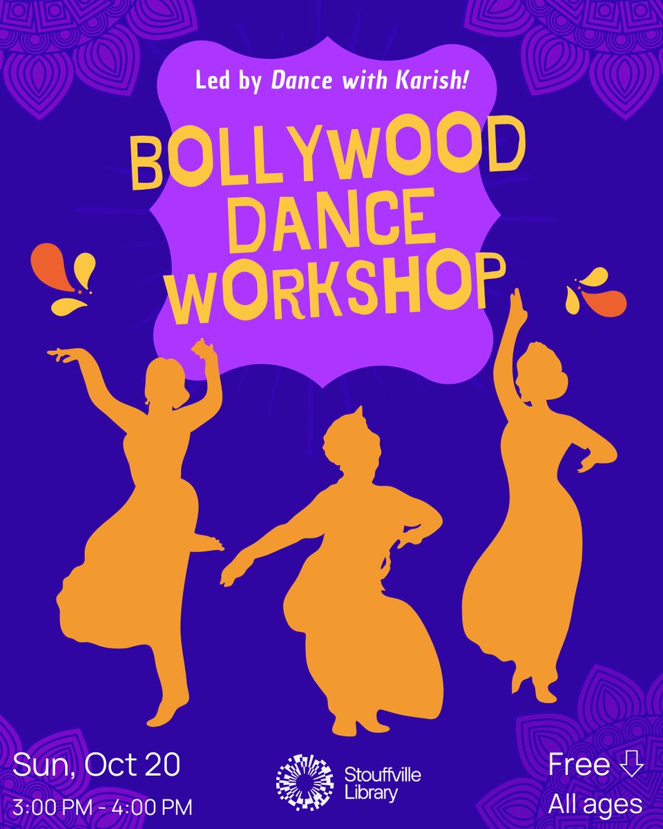 Today’s the Day! Join us at Stouffville Library for a Bollywood Dance Workshop led by @dancewithkarish! Today from 3:00-4:00 PM. No registration needed, just drop in and dance with friends &amp; family!

#BollywoodDance #DiwaliFun #StouffvilleLibrary #FamilyEvent #DanceWorkshop