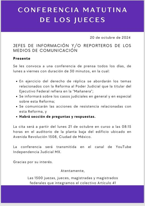 #Mañanera| Jueces y magistrados federales dan a conocer que tendrán su propia conferencia matutina tras las tensiones por la #ReformaAlPoderJudicial.