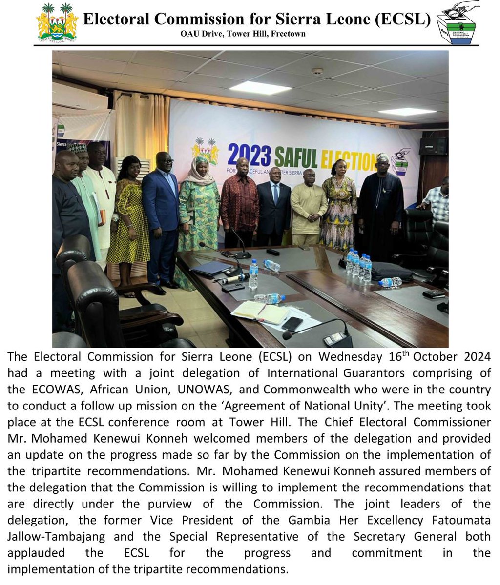 ECSL demonstrates Commitment to National Unity in Landmark Meeting with International Guarantors:
The Electoral Commission for Sierra Leone （ECSL) met with ECOWAS, AU, UNOWAS &amp; Commonwealth advancing efforts towards national unity and peace. Progress is underway!