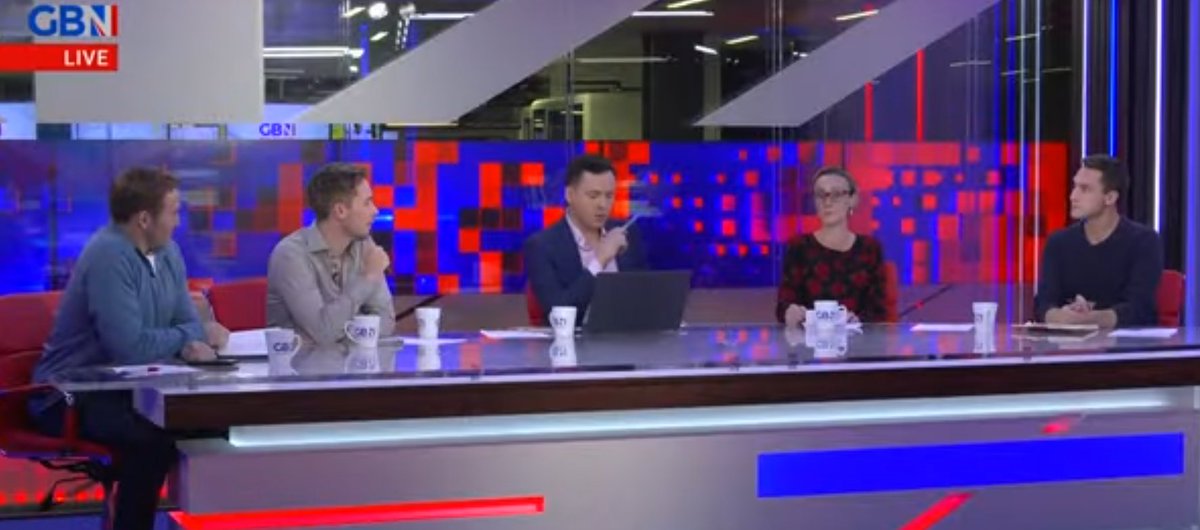 EJWoolf's tweet photo. Had a blast on the Saturday Five last night with these absolute gentlemen @darrengrimes @andyonpaper @WillKingston @alexarmstrong (haha weirdly in my Labour Party dress ๐น) fun times at @GBNEWS #SaturdayFive https://t.co/0ShmPxvQ0V