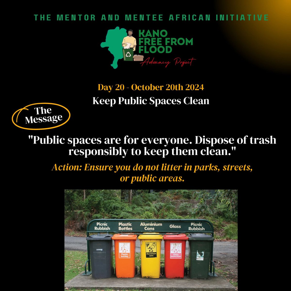 SMSadauki's tweet photo. Day 20: Keep Public Spaces Clean
Message: "Public spaces are for everyone. Dispose of trash responsibly to keep them clean."
Action: Ensure you do not litter in parks, streets, or public areas.
#FloodFreeKano #MAMAInitiative #ClimateAction #ActNow #Sustainability https://t.co/xsHAaVybtx