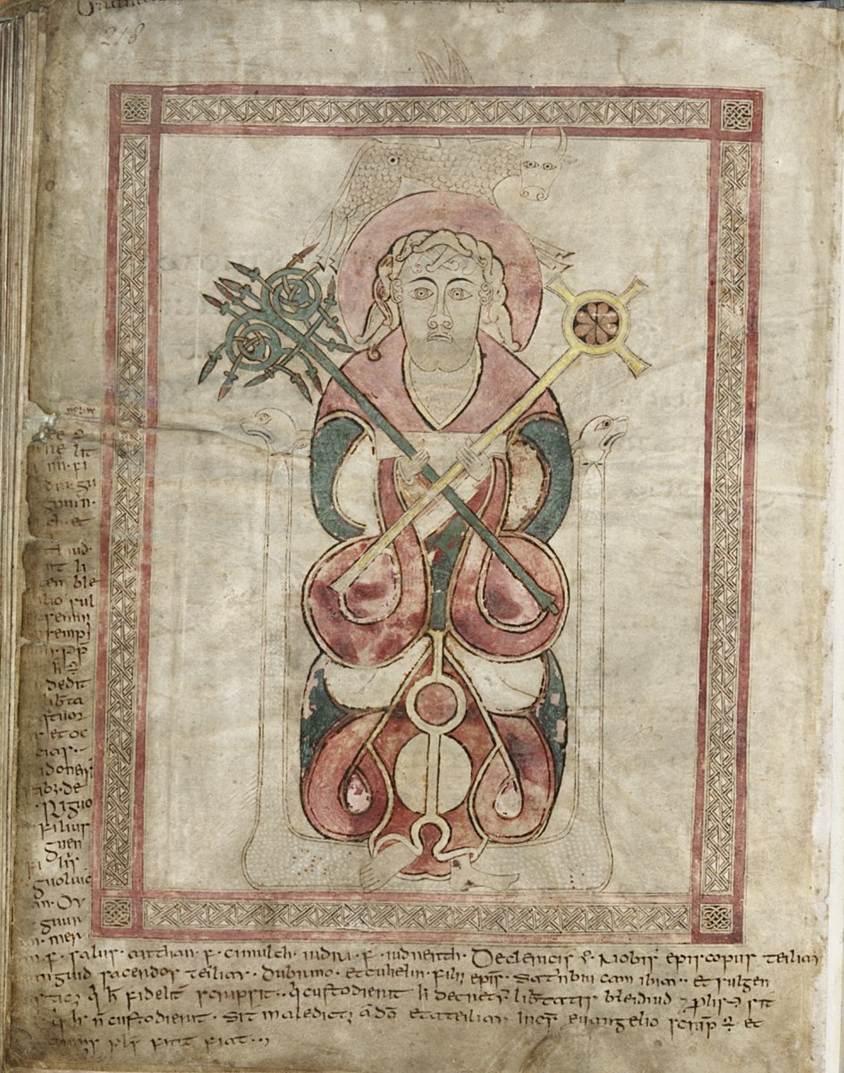 St Luke the Evangelist and his symbol; and in the margins a probable 9th century record of the freeing of a  female slave named Bleiddudd

Lichfield Cathedral, MS Lich 01; St. Chad Gospels; c.730 CE; p.142 <a href="/LichfieldCath/">Lichfield Cathedral</a>