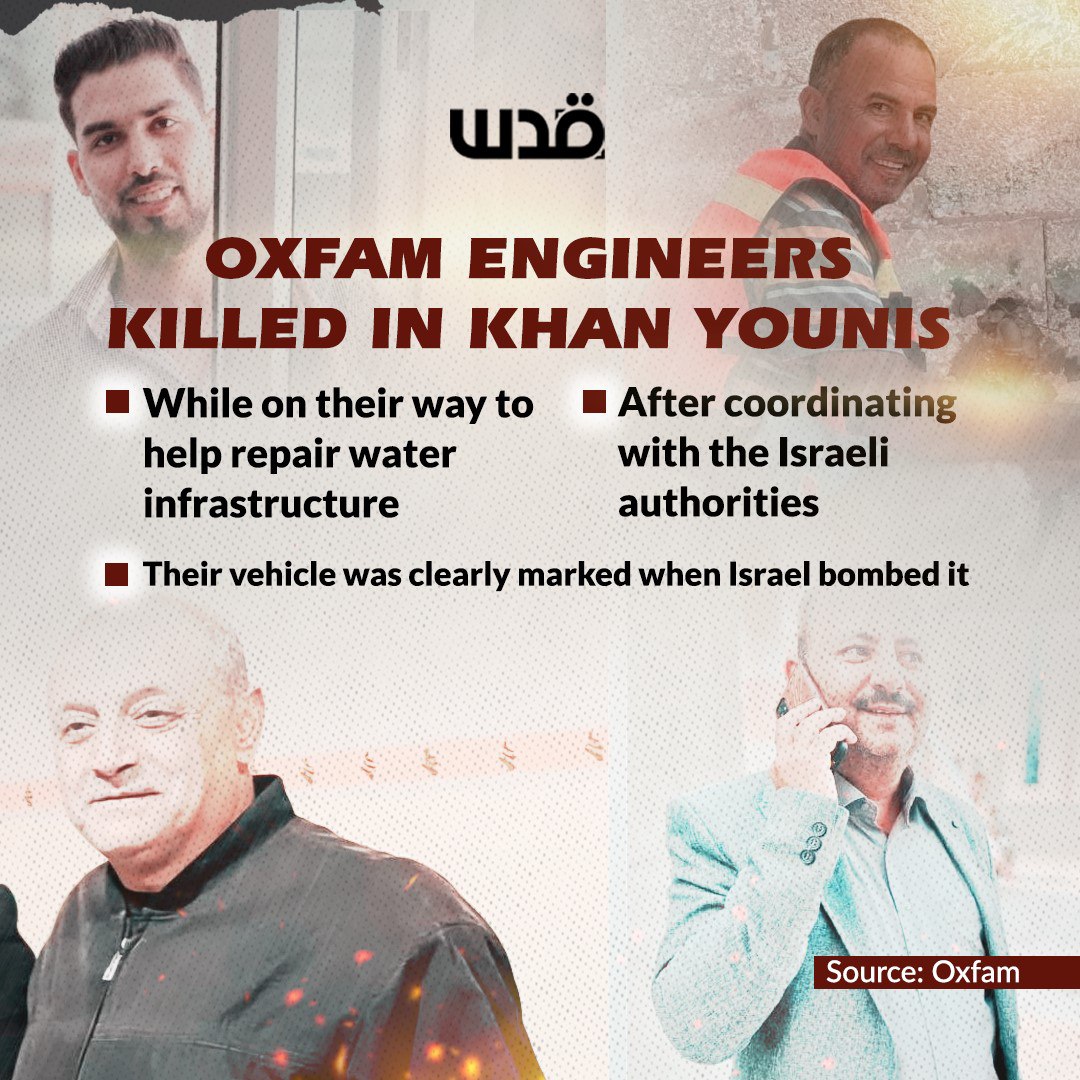 QudsNen's tweet photo. In a statement, Oxfam strongly condemned the killing of four water engineers and workers from Khuzaa municipality in Gaza, who were collaborating with the Coastal Municipalities Water Utility (CMWU).

The Palestinian engineers were killed while on their way to repair water infrastructure in Khuzaa, east of Khan Yunis, when their clearly-marked vehicle was bombed, despite prior coordination with Israeli authorities.