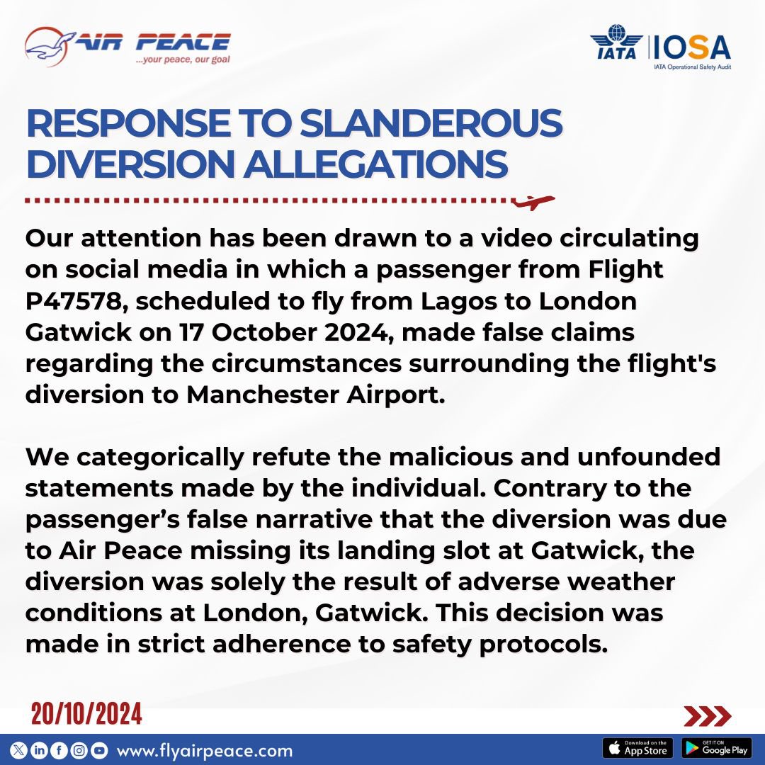flyairpeace's tweet photo. PRESS STATEMENT: 20/10/2024 https://t.co/fHZy3c3nhG