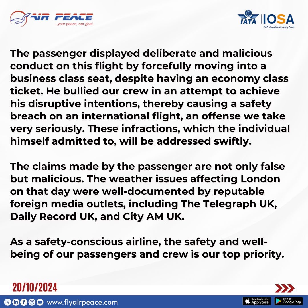 flyairpeace's tweet photo. PRESS STATEMENT: 20/10/2024 https://t.co/fHZy3c3nhG