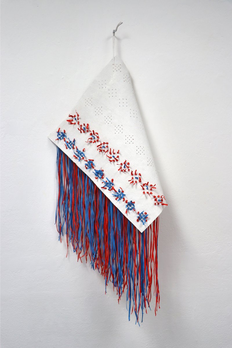 annarayart's tweet photo. 'Embellissement (carré rouge et bleu)' By Anna Ray 2024. Incomplete.  Linen, gesso, acrylic, nail 82 x 48cm https://t.co/gBG01ckVC7