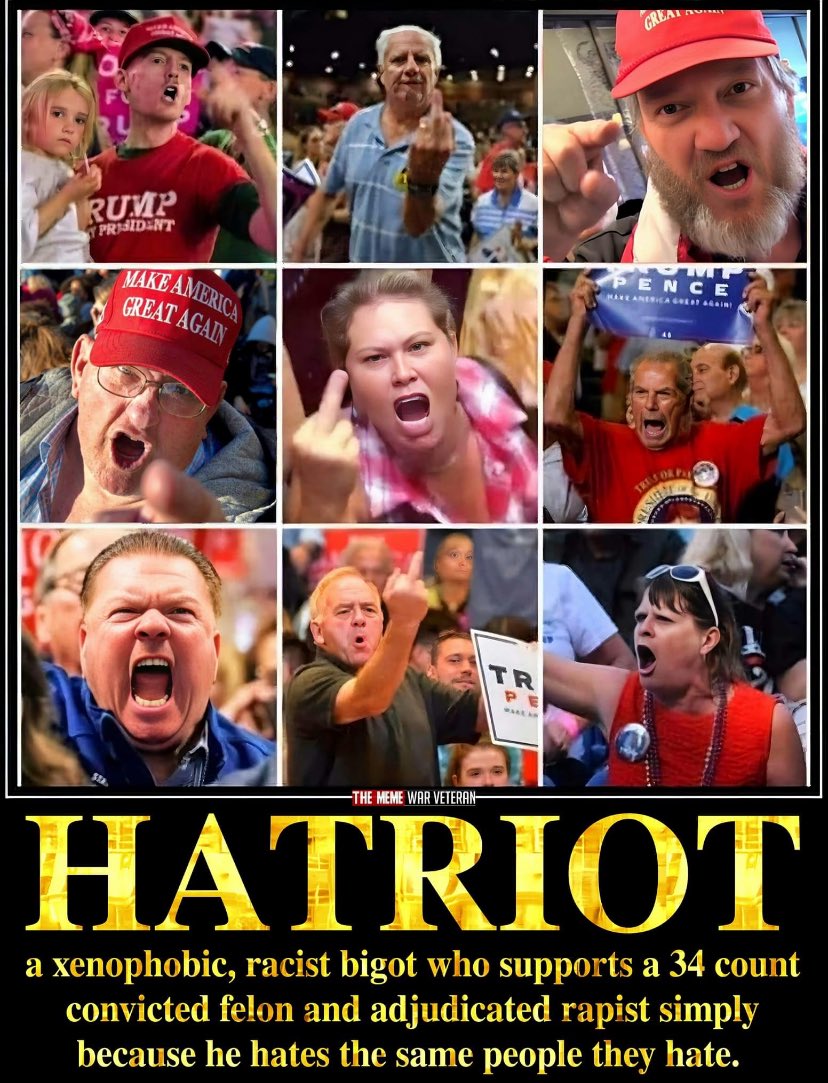 AnnieForTruth's tweet photo. Word of the day, “Hatriot.” These are the brainwashed, delusional, cult following MAGA Morons that believe in a lying, cheating, low IQ, demented, ignorant, racist, bigoted, misogynistic, cheating, pussy grabbing rapist, traitor and buffoon. They are NOT patriots. 😡 https://t.co/6aXSlf6aWX