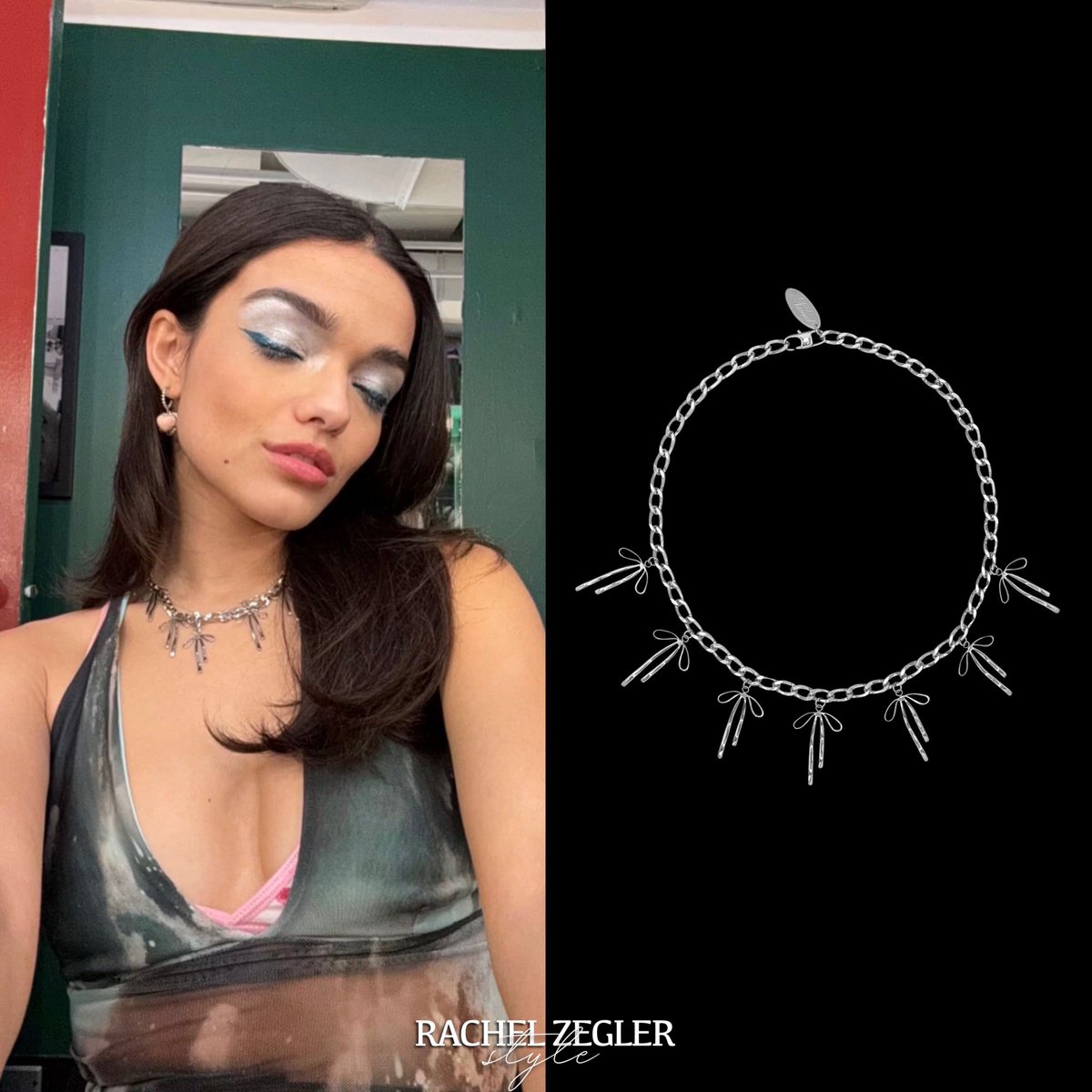 ZeglerStyle's tweet photo. Rachel may possibly wear the #UrbanOutfitters ‘Silence + Noise Camellia Mesh Top’ (Sold Out) and the #LosAngelesApparel ‘Printed Crossback Bra’ ($18).
She also wears the #NamedCollective ‘Secrets Ribbon Chain’ ($66) portraying Juliet in “Romeo + Juliet”. https://t.co/VgpcPDnxL5