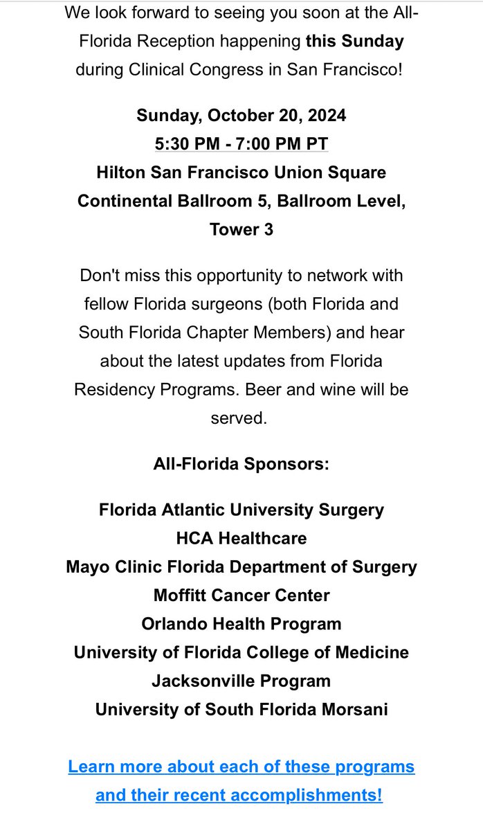 D_HenryMD's tweet photo. Medical students at @AmCollSurgeons, come by @FloridaACS All-Florida Reception tonight (10/20) to learn more about our great Florida residencies! Hilton San Francisco Union Square, 5:30pm PT. Free to register: https://t.co/s4ZI6VxSUM #FCatACS24 #FCACS
@MoffittNews @orlandohealth https://t.co/Yxp8HmaLEB