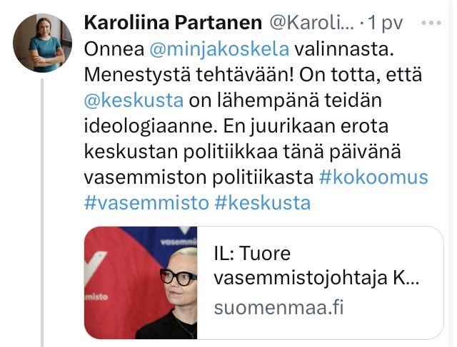 Onko kokoomuksen whatsapp-ryhmässä käynyt käsky twiitata keskustan olevan vasemmistolainen😀Näyttää tosi pöljältä. Samaa hokevat muutkin kuin nämä kaksi. Varsinainen klooniarmeija vailla omia ajatuksia.