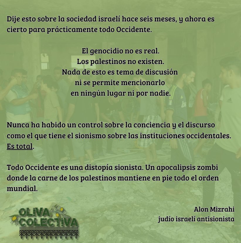 Atravesamos un momento histórico donde el marco legal del Derecho Internacional q permitían convivencia y protegía a civiles, ha sido demolido a bombazos x Isreal USA y aliados, normalizando exterminio y la crueldad contra el pueblo palestino y cualquier otro. <a href="/alon_mizrahi/">Alon Mizrahi</a>