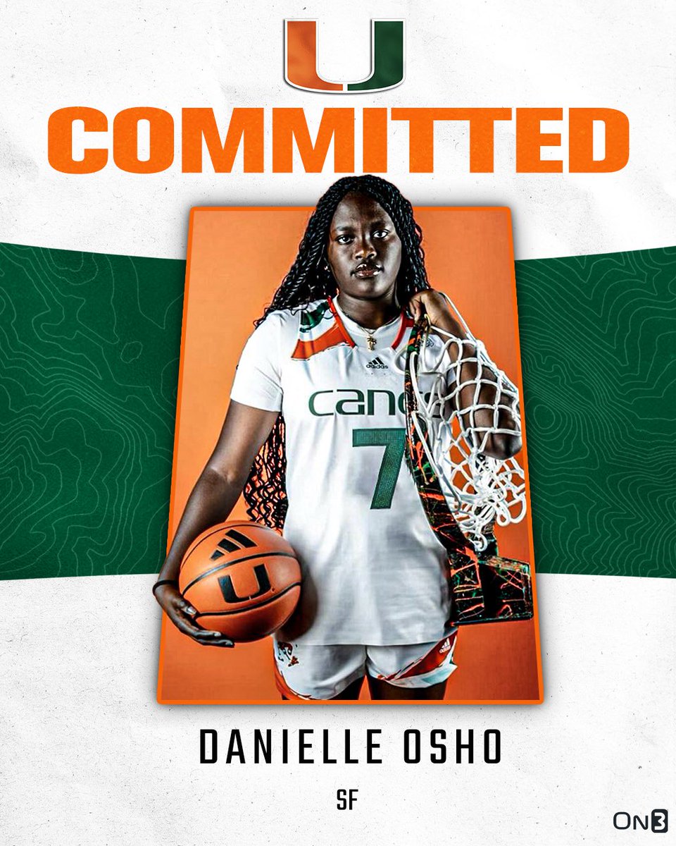 Top 2025 recruit Danielle Osho has committed to Miami, she told <a href="/On3sports/">On3</a>. 

“When I went on my official visit, I really did fall in love with the school and the coaching staff and all the things that they had planned for me.” 

READ: on3.com/her/news/top-2…