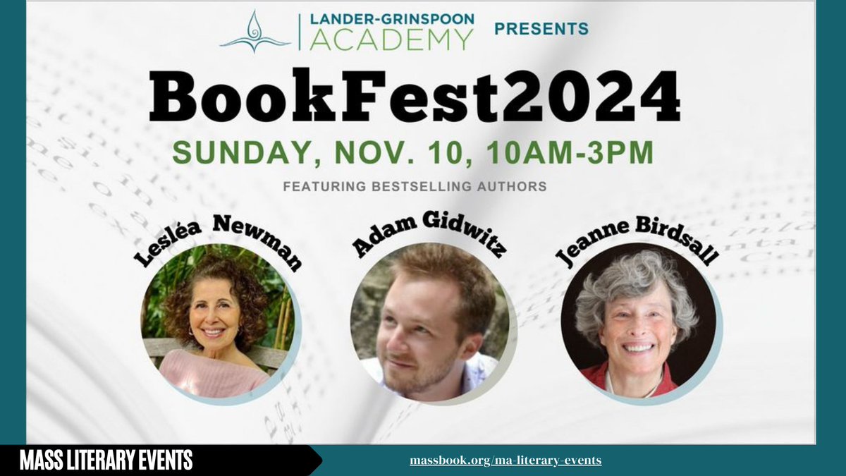 Mass Center for the Book (@massbook) on Twitter photo Join Lander-Grinspoon Academy at its inaugural book festival! Featuring a stellar group of award-winning, renowned authors: Adam Gidwitz (<a href="/AdamGidwitz/">Adam Gidwitz</a>), Jeanne Birdsall, and Lesléa Newman (<a href="/lesleanewman/">Lesléa Newman</a>)
. ow.ly/nFEt50TA0OK Join Lander-Grinspoon Academy at its inaugural book festival! Featuring a stellar group of award-winning, renowned authors: Adam Gidwitz (<a href="/AdamGidwitz/">Adam Gidwitz</a>), Jeanne Birdsall, and Lesléa Newman (<a href="/lesleanewman/">Lesléa Newman</a>)
. ow.ly/nFEt50TA0OK