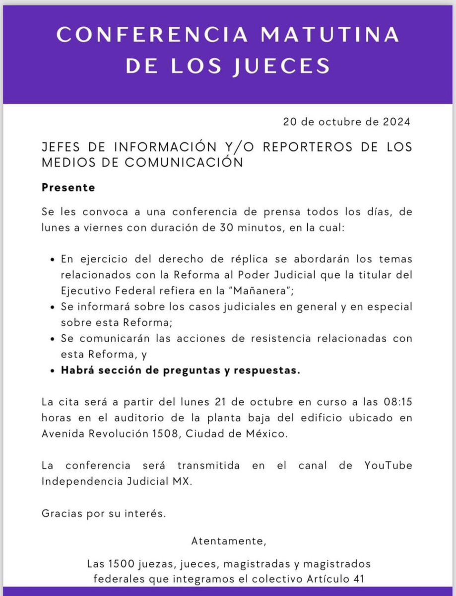 marthakmagana's tweet photo. La mañanera tiene un límite el de la verdad!!! 

Conferencia de prensa de Juezas y Jueces federales

Te esperamos de lunes a viernes 8:15am  

Además puedes ver la transmisión en el canal de YouTube Independencia Judicial, suscríbete en el código Qr 

@El_Universal_Mx @CiroGomezL @latinus_us @mileniotv @MoraErica @jorgeramos7773 @AristeguiOnline @MVSNoticias @GuardianesConst