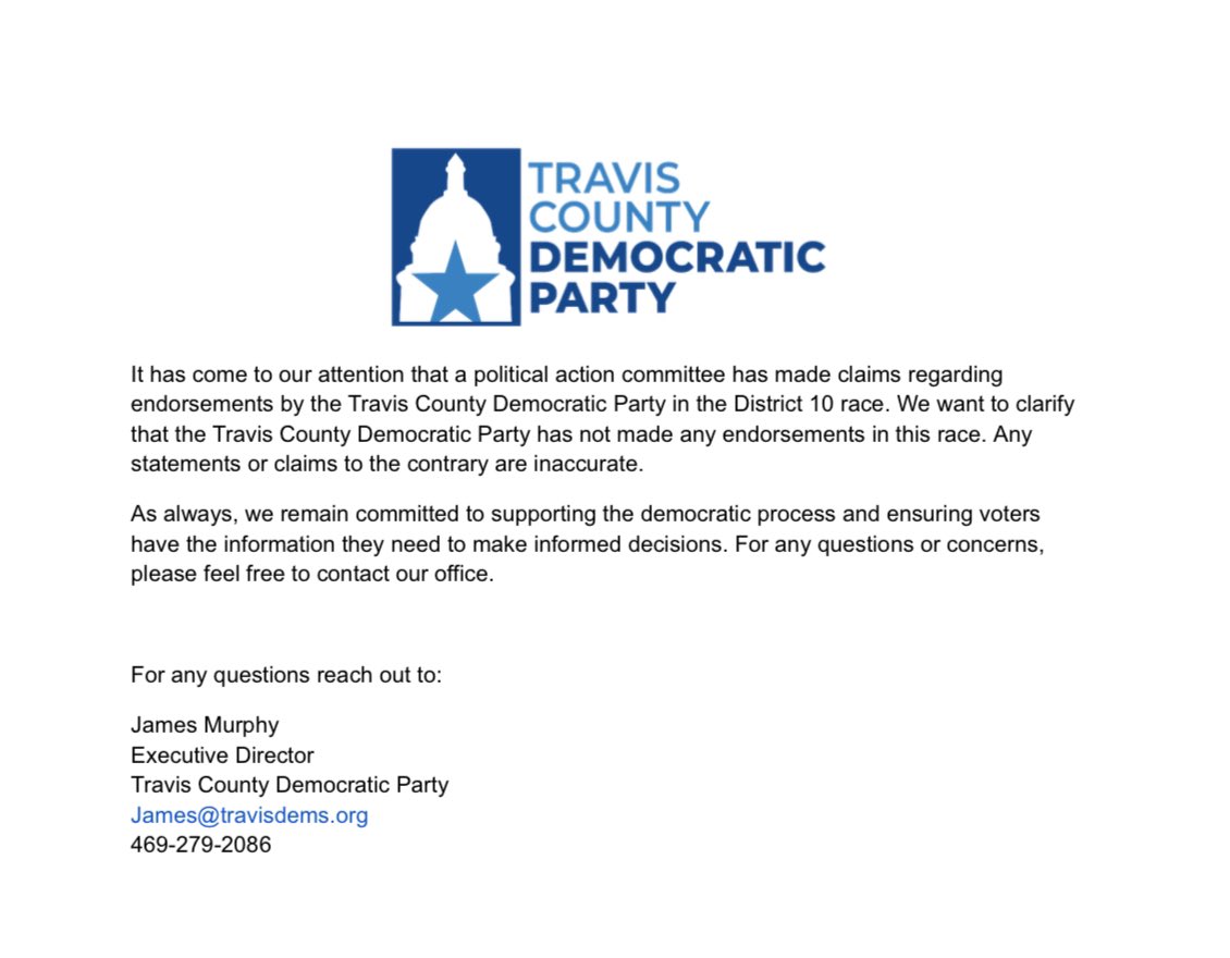 TCDP's tweet photo. Please see our statement regarding the Austin City Council District 10 race. As always, we remain committed to supporting the democratic process and ensuring voters have the information they need to make informed decisions. https://t.co/MN4xsSyXD9