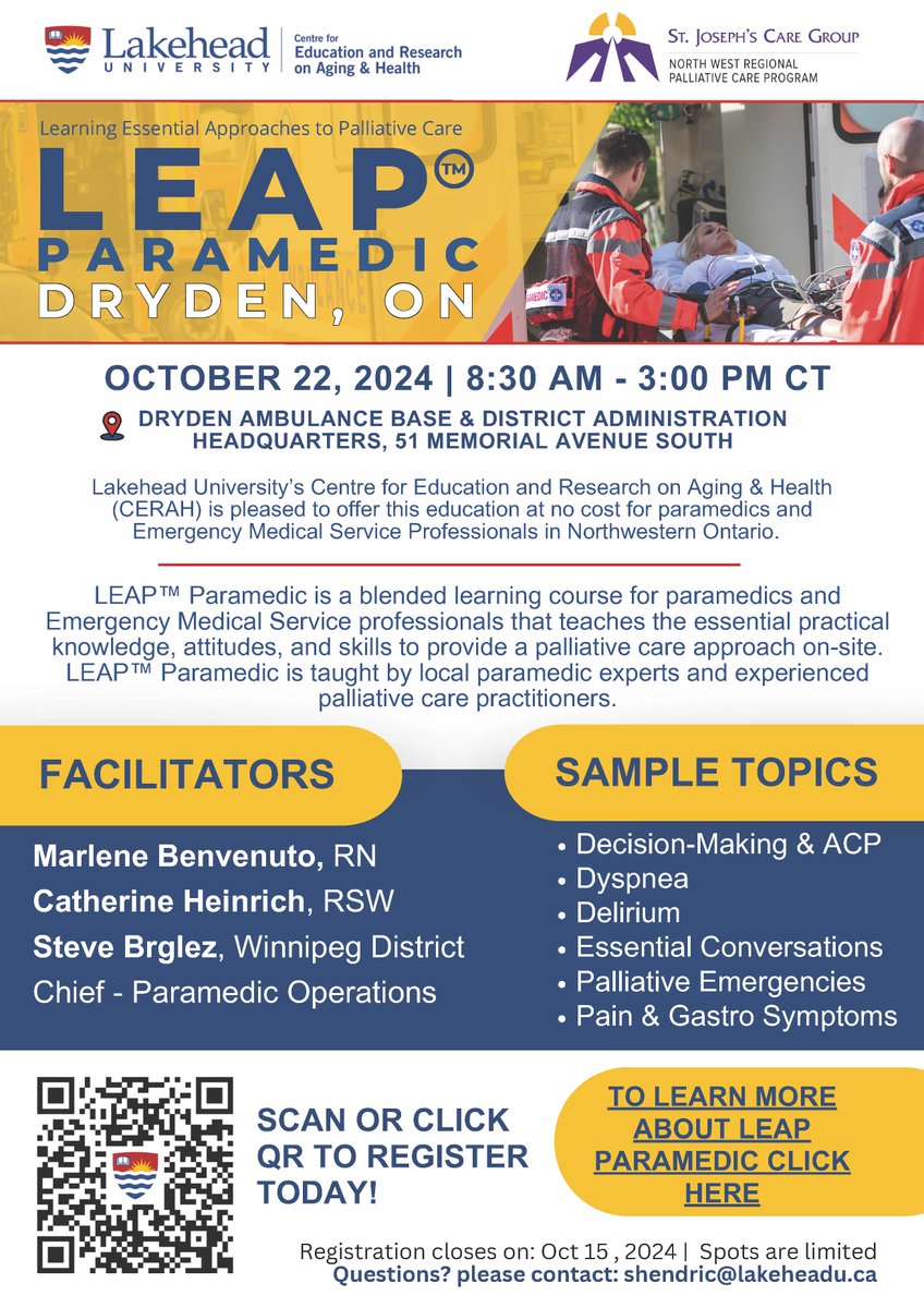 To further align our Community Paramedics' skills and knowledge with our local communities, we are so thankful that CERAH is coming to the Kenora District to teach us more about Palliative Care.  The course is open to all Paramedics in the Northwest. 

cerah.lakeheadu.ca/event/leap-par…