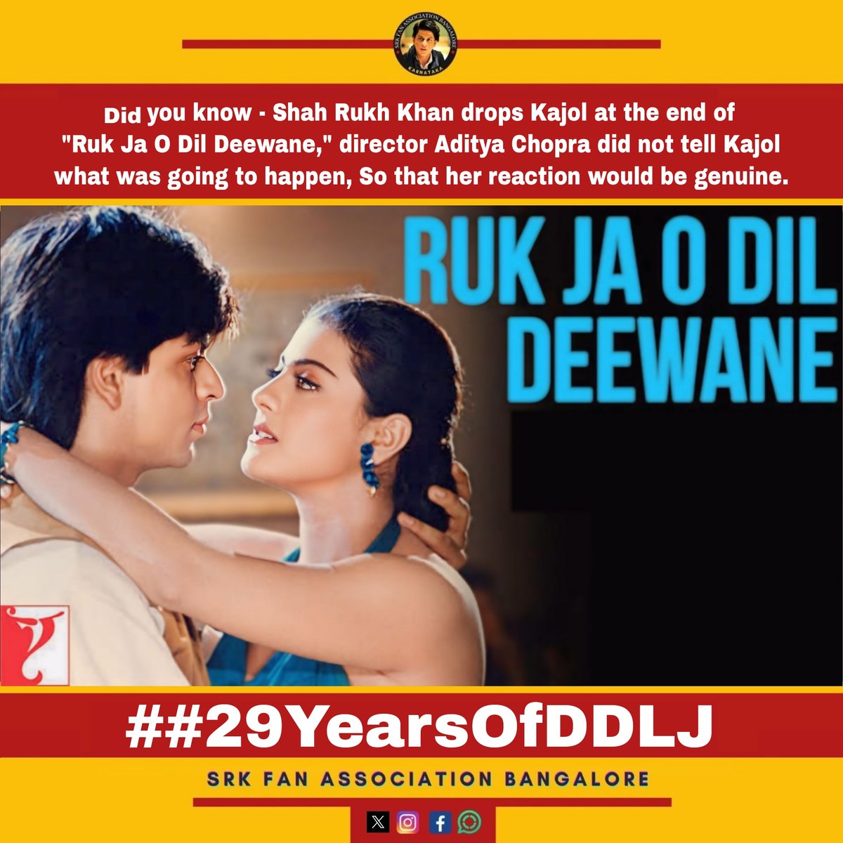 Srk_bangalore's tweet photo. Did you know 🤔 - When @iamsrk drops @itsKajolD
 at the end of "Ruk Jaa O Dil Deewane," director Aditya Chopra did not tell Kajol what was going to happen, so that her reaction would be genuine.

#29YearsOfDilwaleDulhaniaLeJayenge #ShahRukhKhan https://t.co/suDGpJ9a0J