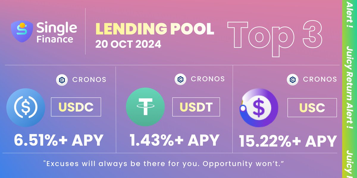 Juicy Return Alert on Single Finance🧃

Lending on Cronos = SIMPLE with Single Finance
💰 $USC = 15.22% APY
💰 $USDC = 6.51% APY
💰 $USDT = 1.43% APY

LEND &amp; EARN NOW 
➡️: app.singlefinance.io/lend

#CronosChain #crofam