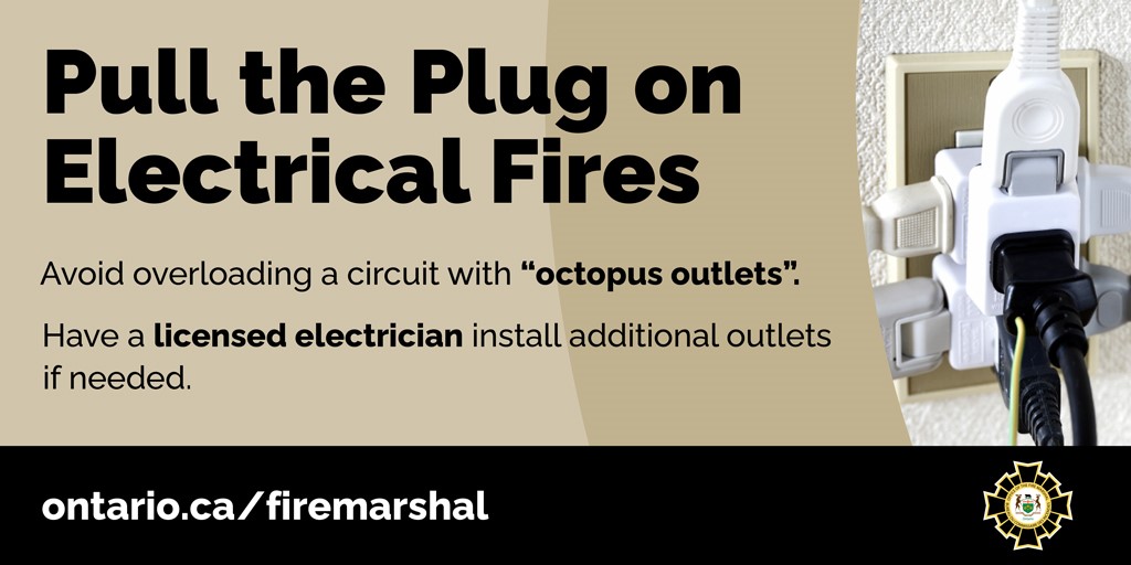 LasallefireON's tweet photo. Pull the Plug on Electrical Fires! 

🔌 Plug appliances directly into outlet. Never use extension cords.

🔌 Check electrical cords for damage such as fraying or nicks. 

🔌 Extension cords should not be linked together. 

🔌 Overloaded outlets can cause overheating/fire hazard. https://t.co/EVpHDrY1NB