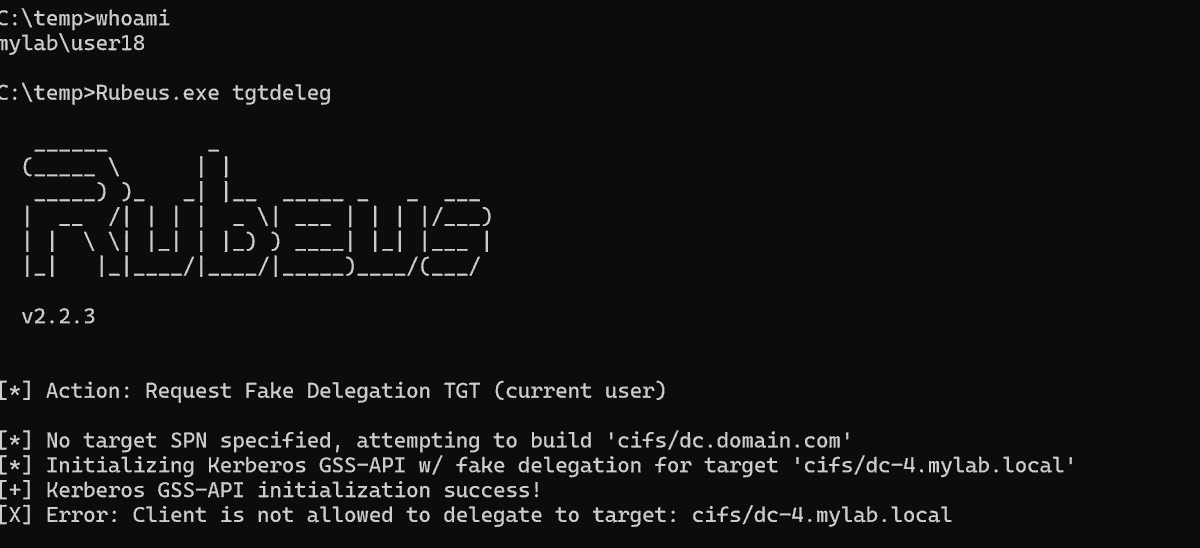 decoder_it's tweet photo. Now a good one: In the latest Windows 11 Enterprise Insider edition, with Credential Guard enabled (by default), the "tgtdeleg"  trick, previously a key for attack chains,  is no more possible #tgtdeleg #rubeus https://t.co/p8KPR89myf