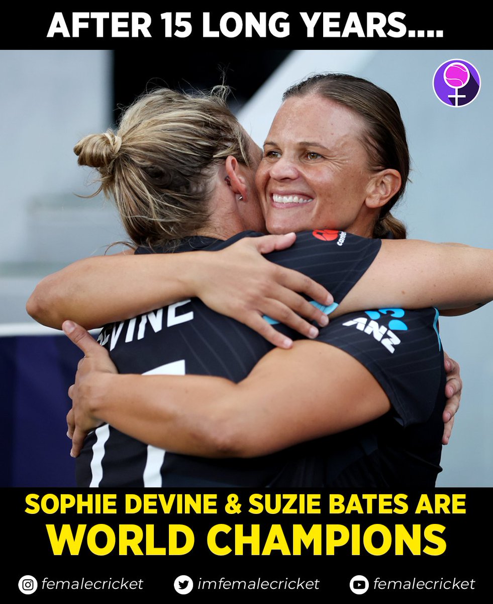 15 Year-long wait is finally over 🥹❤️

Sophie Devine and Suzie Bates are World Champions 🏆 

#CricketTwitter #T20WorldCup #SAvNZ