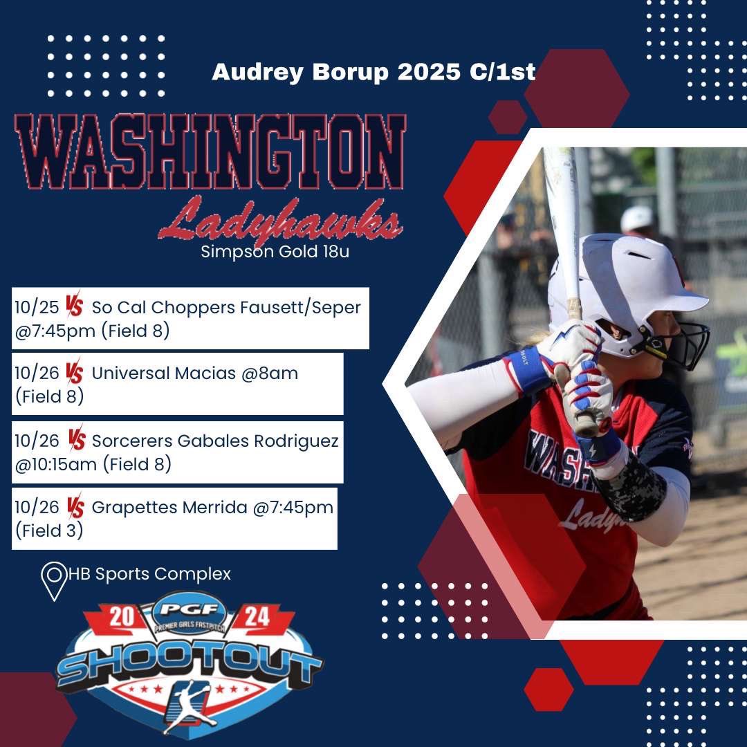 Next weekend I will be traveling down to Huntington Beach, CA to compete in the 2024 PGF Shootout with my Ladyhawks team ❤️ Here is my schedule, see you there! <a href="/ladyhawksgold/">Washington Ladyhawks Fastpitch Organization</a> <a href="/GeoffHirai/">Geoff Hirai</a> <a href="/CoachTarr/">Heather Tarr 🦄 💜</a> <a href="/stef_ewing/">Stef Ewing</a> <a href="/JustinShults33/">Justin Shults</a> <a href="/SandraWente/">Sandra Wente</a> <a href="/EastlkFastpitch/">Eastlake Fastpitch</a> <a href="/EastlakeFP/">Eastlake HS Wolves Fastpitch</a>
